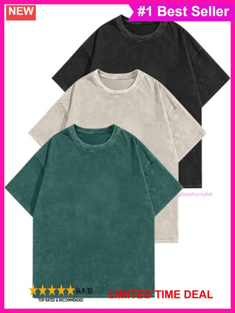 Vintage Washed 100% Cotton Oversized Tee 3 Pack Relaxed Fit Crewneck